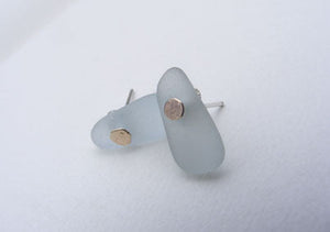 Sea Foam Tear drop sea glass drilled 9ct gold pebble stud earrings