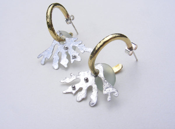 Brass hoop earrings with blue sea foam sea glass and seaweed fan