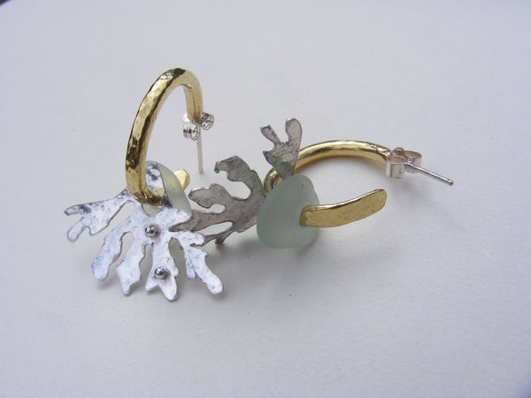 Brass hoop earrings with blue sea foam sea glass and seaweed fan