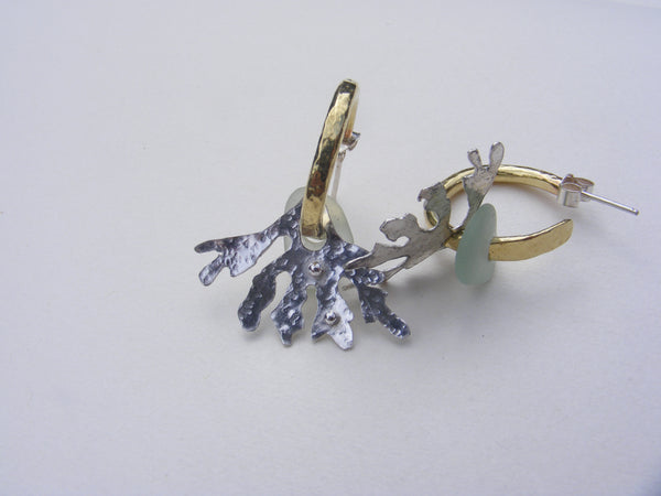 Brass hoop earrings with blue sea foam sea glass and seaweed fan