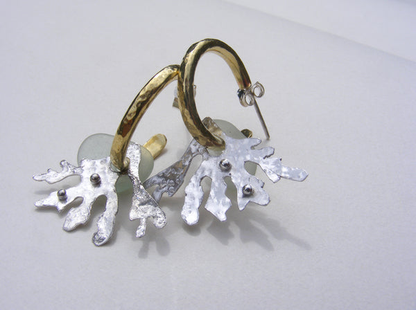 Brass hoop earrings with blue sea foam sea glass and seaweed fan