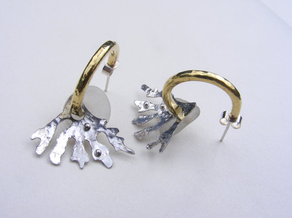 Brass hoop earrings with white sea foam sea glass and seaweed fan