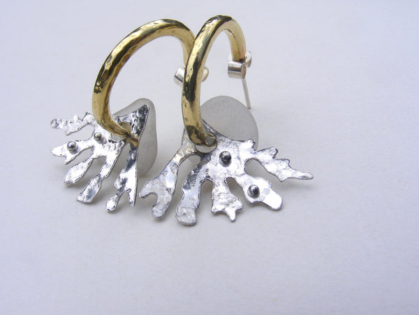 Brass hoop earrings with white sea foam sea glass and seaweed fan