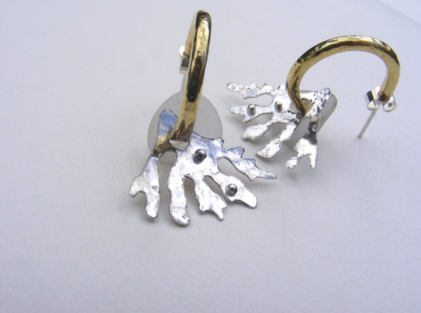 Brass hoop earrings with white sea foam sea glass and seaweed fan