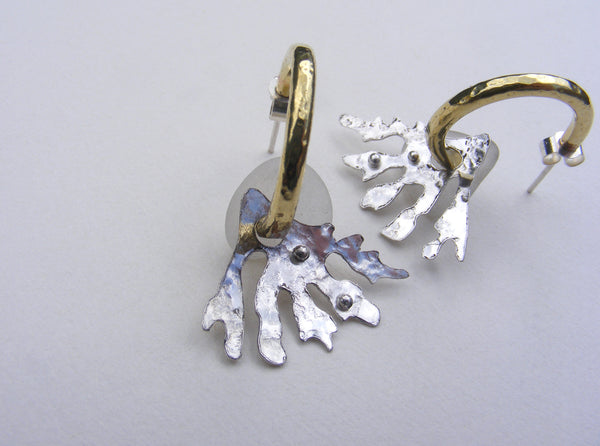 Brass hoop earrings with white sea foam sea glass and seaweed fan