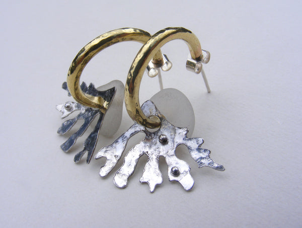 Brass hoop earrings with white sea foam sea glass and seaweed fan