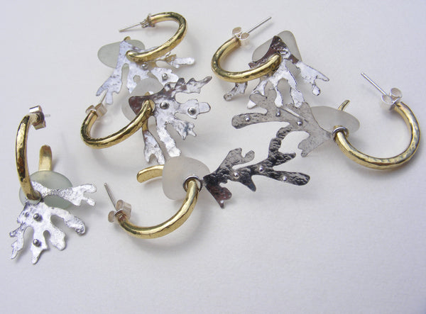Brass hoop earrings with blue sea foam sea glass and seaweed fan