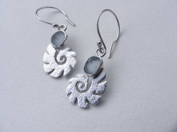 Sea Foam sea glass silver drop ammonite earrings