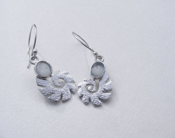 Sea Foam sea glass silver drop ammonite earrings