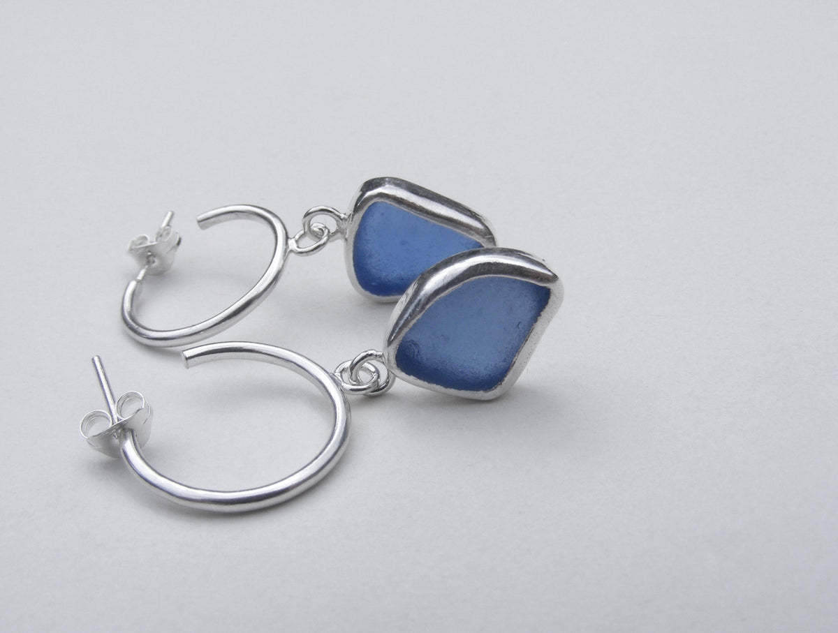 Cornflower blue sea glass recycled silver bezel set hoop earrings