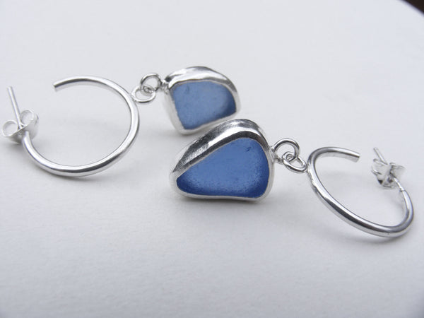 Cornflower blue sea glass recycled silver bezel set hoop earrings