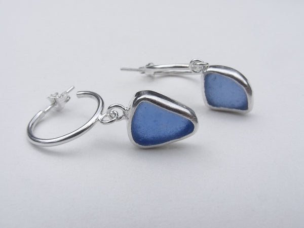 Cornflower blue sea glass recycled silver bezel set hoop earrings