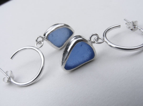 Cornflower blue sea glass recycled silver bezel set hoop earrings