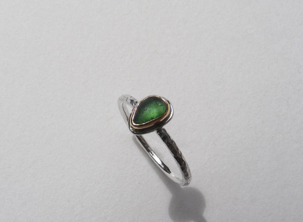 Maidencombe Forest Green sea glass ring silver shank and gold bezel  Size K.5
