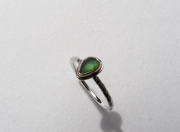 Maidencombe Forest Green sea glass ring silver shank and gold bezel  Size K.5