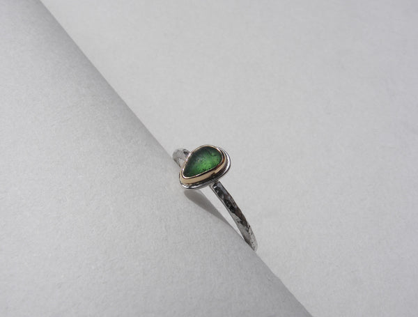 Maidencombe Forest Green sea glass ring silver shank and gold bezel  Size K.5