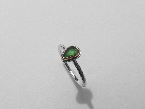Maidencombe Forest Green sea glass ring silver shank and gold bezel  Size K.5