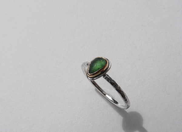 Maidencombe Forest Green sea glass ring silver shank and gold bezel  Size K.5