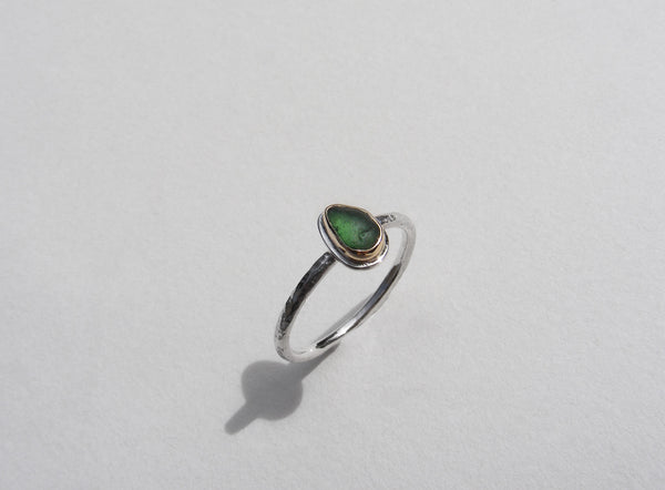 Maidencombe Forest Green sea glass ring silver shank and gold bezel  Size K.5