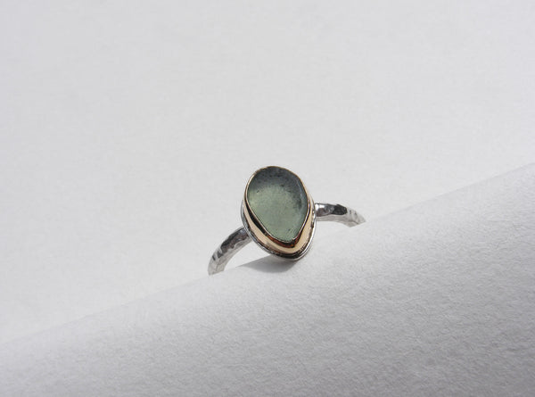 Maidencombe Light Green sea glass ring silver shank and gold bezel  Size K