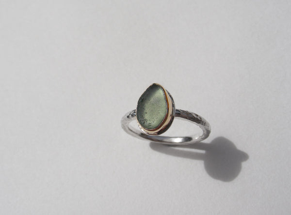 Maidencombe Light Green sea glass ring silver shank and gold bezel  Size K