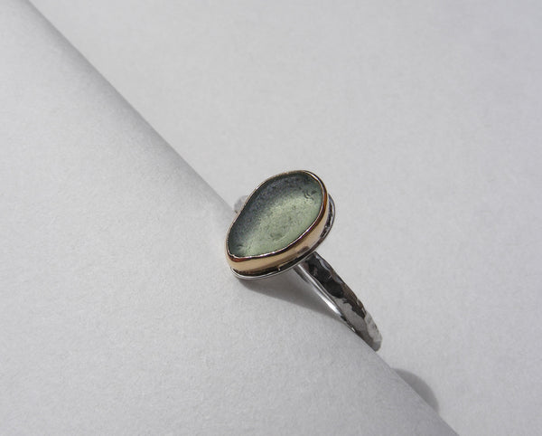 Maidencombe Light Green sea glass ring silver shank and gold bezel  Size K