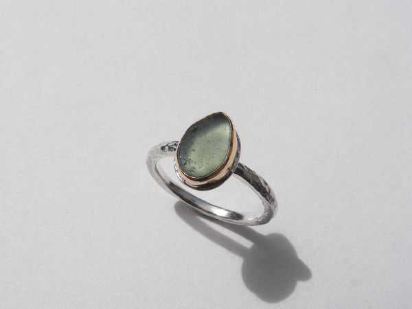 Maidencombe Light Green sea glass ring silver shank and gold bezel  Size K