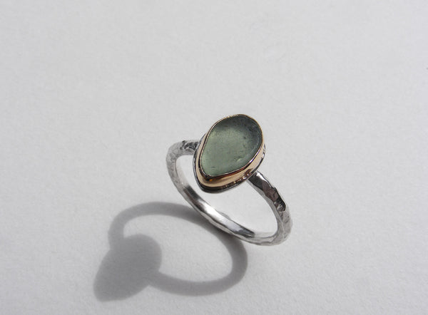Maidencombe Light Green sea glass ring silver shank and gold bezel  Size K