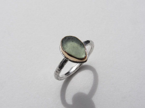 Maidencombe Light Green sea glass ring silver shank and gold bezel  Size K