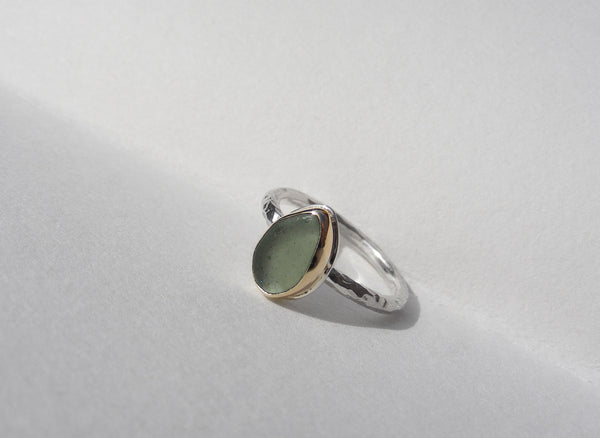 Maidencombe Light Green sea glass ring silver shank and gold bezel  Size K