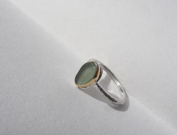 Maidencombe Light Green sea glass ring silver shank and gold bezel  Size K