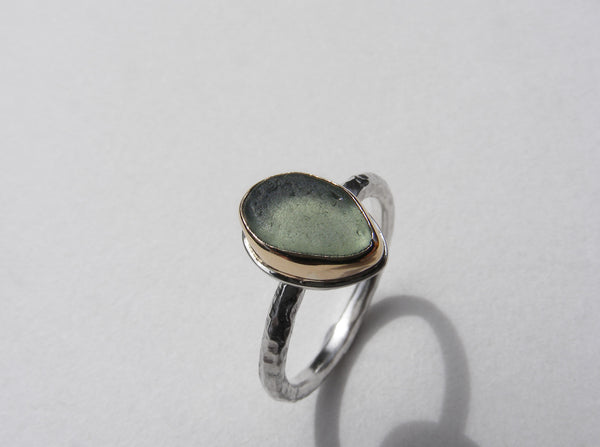 Maidencombe Light Green sea glass ring silver shank and gold bezel  Size K