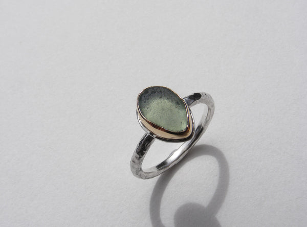 Maidencombe Light Green sea glass ring silver shank and gold bezel  Size K