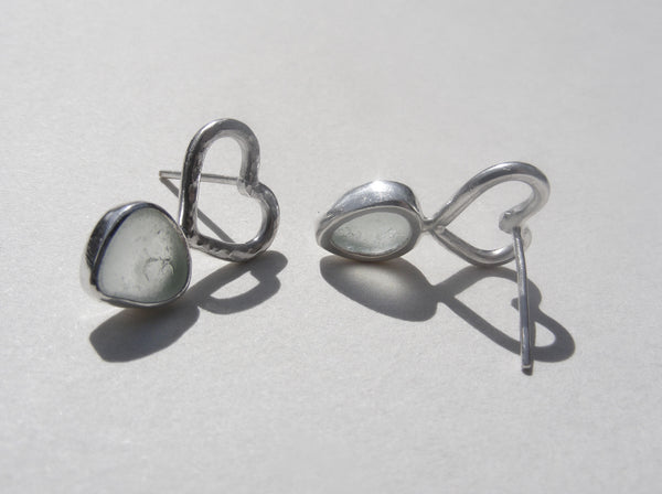 Sea Foam Blue sea glass heart stud earrings