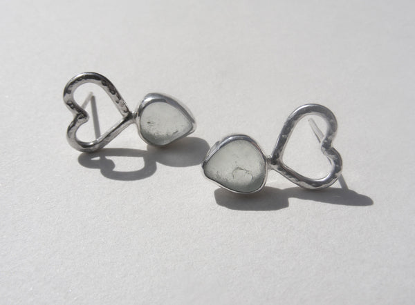 Sea Foam Blue sea glass heart stud earrings