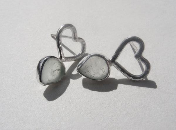 Sea Foam Blue sea glass heart stud earrings