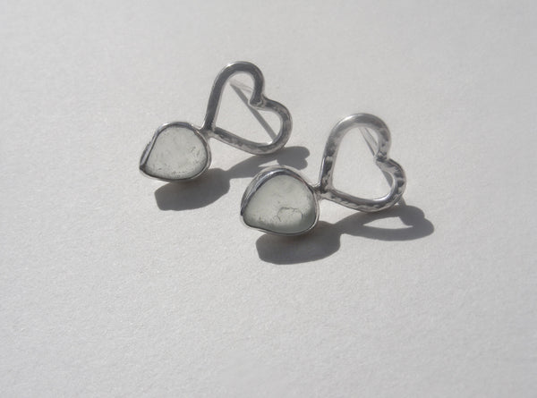 Sea Foam Blue sea glass heart stud earrings