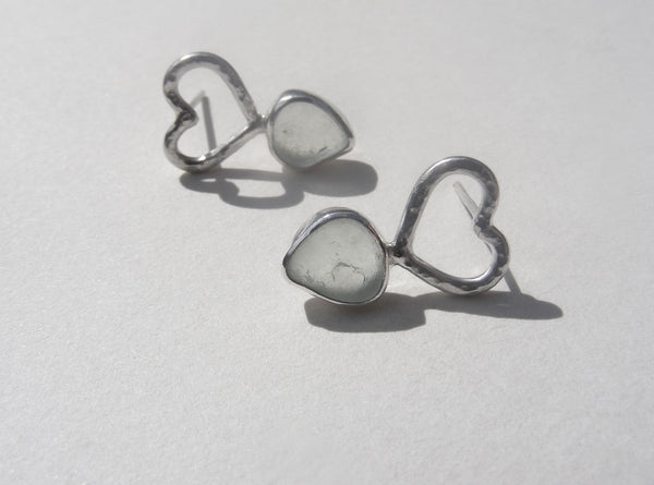 Sea Foam Blue sea glass heart stud earrings