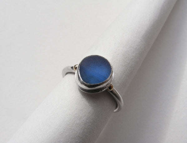 Bristol blue multi seaglass silver ring with gold nugget details. O.5