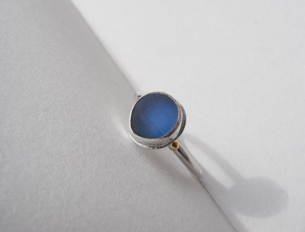 Bristol blue multi seaglass silver ring with gold nugget details. O.5