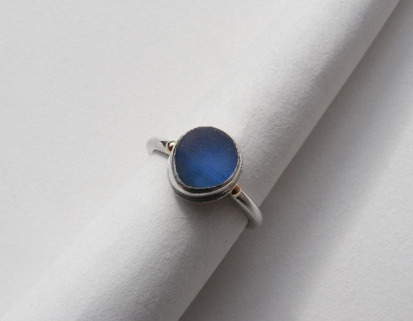 Bristol blue multi seaglass silver ring with gold nugget details. O.5