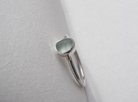 Seafoam seaglass silver ring with gold nugget details. P