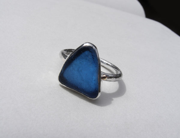 St Martin's Cobalt blue sea glass silver wide band ring with 9ct gold embelishments