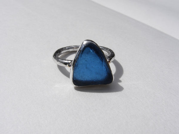 St Martin's Cobalt blue sea glass silver wide band ring with 9ct gold embelishments