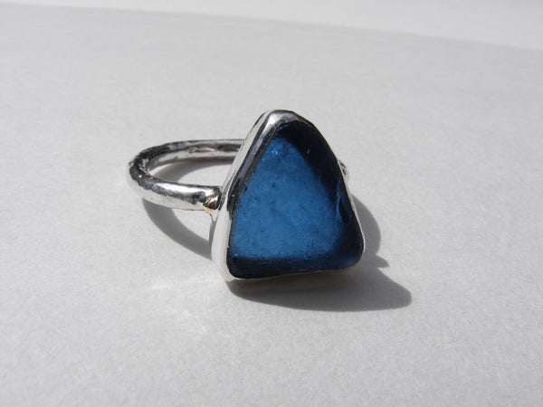 St Martin's Cobalt blue sea glass silver wide band ring with 9ct gold embelishments