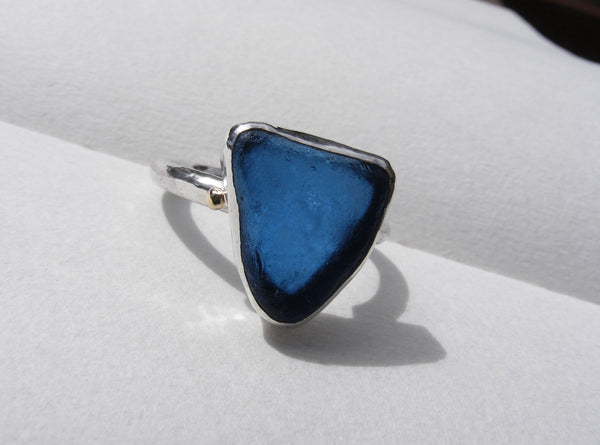 St Martin's Cobalt blue sea glass silver wide band ring with 9ct gold embelishments