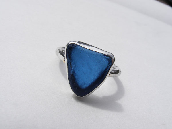 St Martin's Cobalt blue sea glass silver wide band ring with 9ct gold embelishments