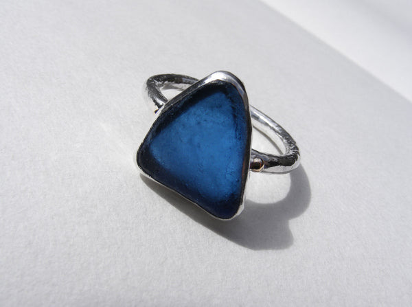 St Martin's Cobalt blue sea glass silver wide band ring with 9ct gold embelishments
