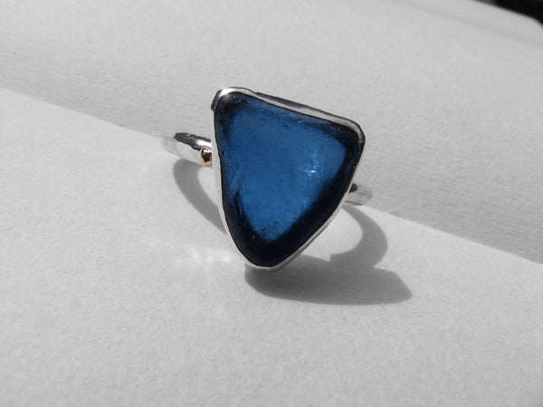 St Martin's Cobalt blue sea glass silver wide band ring with 9ct gold embelishments