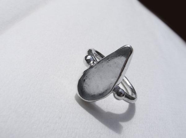 St Martin's Isles of Scilly Sea Foam blue tear drop sea glass ring